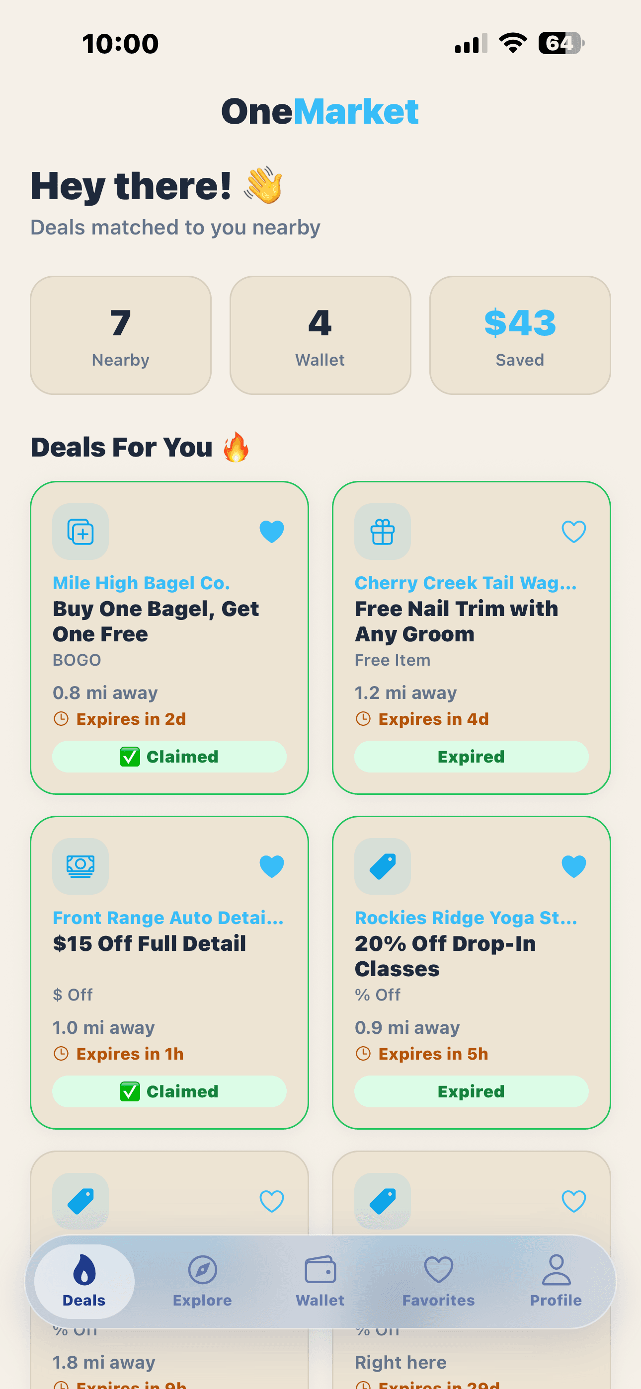 OneMarket app Deals tab showing nearby deals